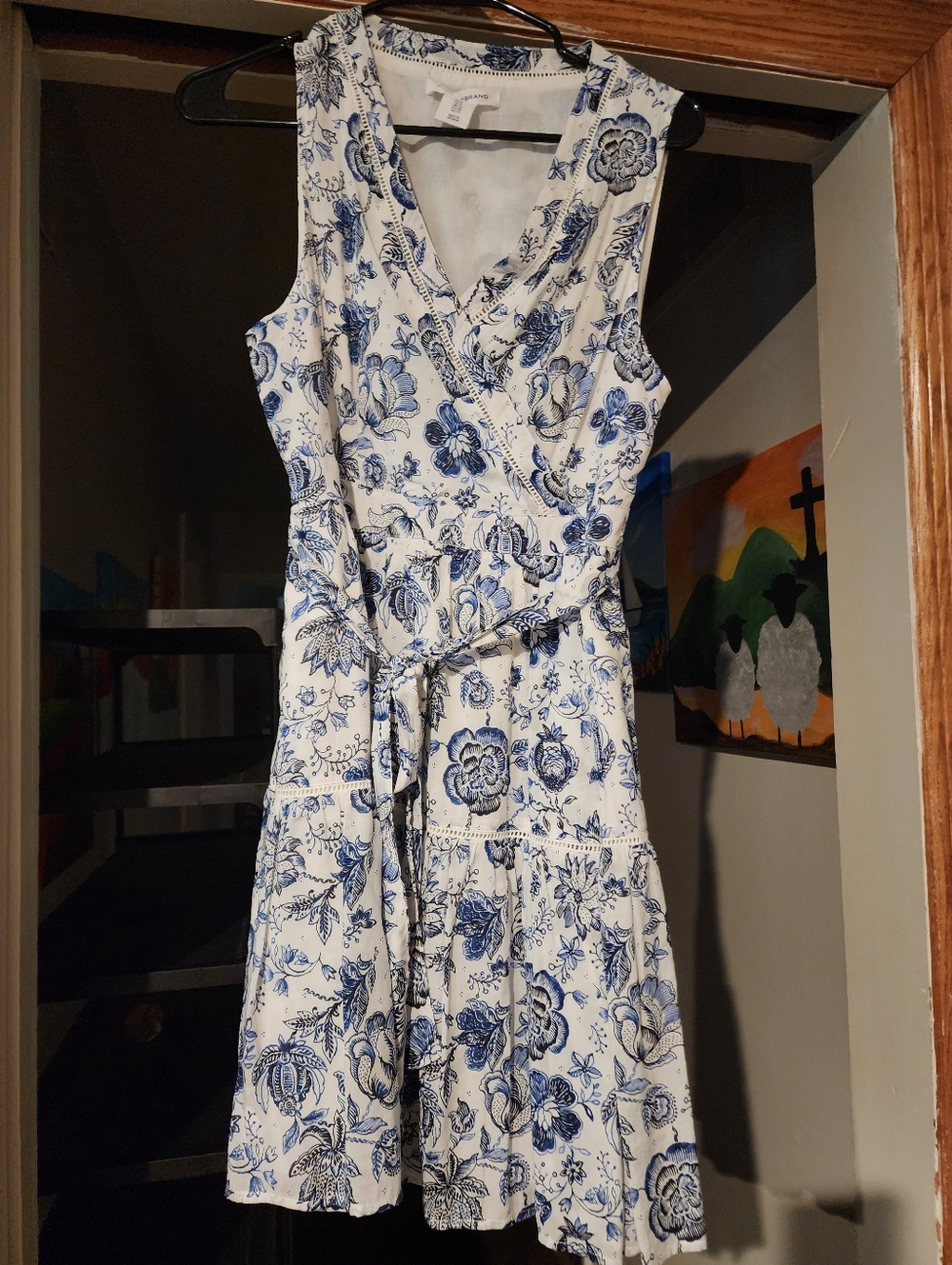 Lucky Brand White Dress with Blue Floral Print - Crochet Detail.  Gorgeous